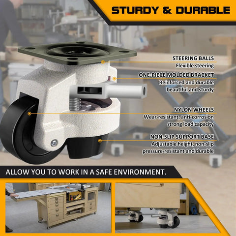 Close-up of Heavy Duty Adjustable Leveling Casters With Tough Rubber Wheels, showcasing nylon wheels and a sturdy bracket.