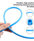 Hand holding Pro Grade 1/2 Inch PU Air Hose Kit 60 Ft With 28 Piece Push To Connect Fittings, showcasing flexibility and no leak feature.