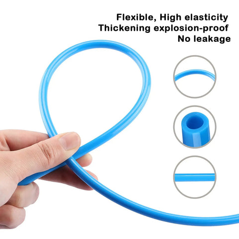Hand holding Pro Grade 1/2 Inch PU Air Hose Kit 60 Ft With 28 Piece Push To Connect Fittings, showcasing flexibility and no leak feature.