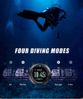 Scuba diver underwater with Workhorse Scuba Diving Computer Watch D3 With 100m Depth, NDL OTU CNS Alerts, Digital Compass displayed.