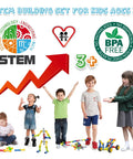 Children playing with Epic 170 Piece Building Set For Kids Ages 3 To 9 With Toy Box Storage And Idea Guide, STEM Building Blocks.