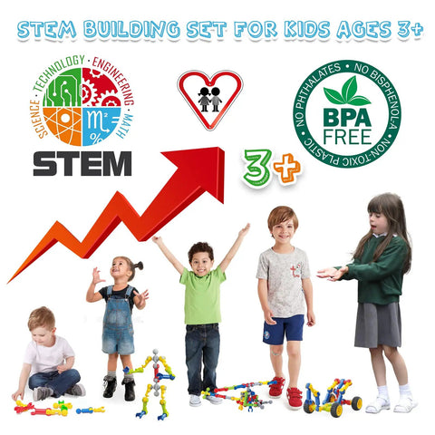 Children playing with Epic 170 Piece Building Set For Kids Ages 3 To 9 With Toy Box Storage And Idea Guide, STEM Building Blocks.