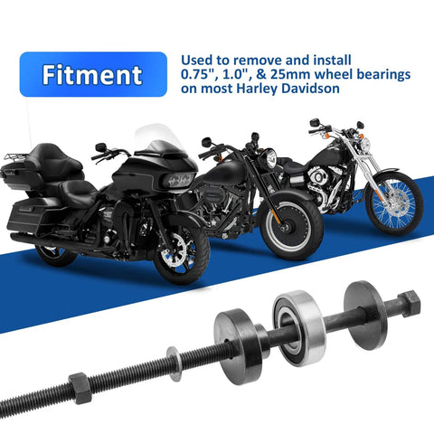 Wheel Bearing Puller Tool Kit For Motorcycles 0.75 Inch 1.0 Inch And 25mm Bearings ABS Or Non ABS Fits 2000 Through 2025 Models Easy Install And Removal With Durable Alloy Construction with image of tool and motorcycles