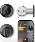 Rock Solid Smart Deadbolt With A Fully Hidden Build Flaunting A Sleek Matte Black Finish Apple Home Key And Matter Over Thread Connectivity Hassle Free Keyless Entry Via Alexa Google Home Smart Things And Your Smartphone. Black matte smart lock components with smartphone interface.