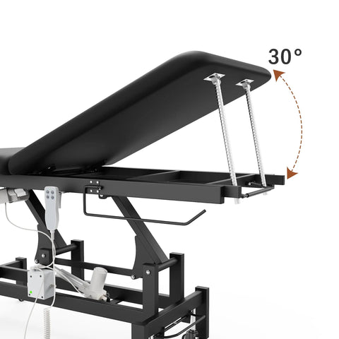 Black Electric Spine Massage Table With Dual Motors And Hydraulic Lift Adjustable Waist Support for physical therapy, showing a 30-degree adjustable head section.