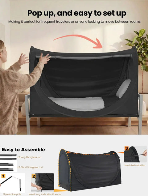 Woman setting up Privacy Bed Tent Pop Up Sleep Pod With 360 Degree Privacy And 80 Percent Light Blocking Breathable Mesh Canopy