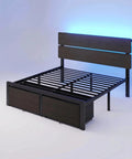 Black Queen Bed Frame Featuring Integrated Led Lights And Convenient Charging Station With Two Smooth Gliding Storage Drawers in view.