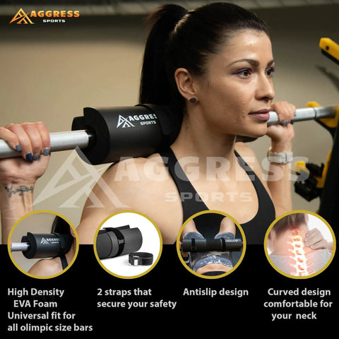 Woman using hip thrust barbell pad set in gym, includes black EVA foam pad for Olympic bars, two straps, antislip design, neck support.