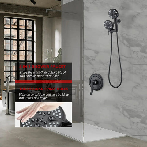 Matte Black Shower System With Handheld Showerhead And Rain Shower Head Dual 2 In 1 Faucet 3 Way Diverter installed in modern bathroom