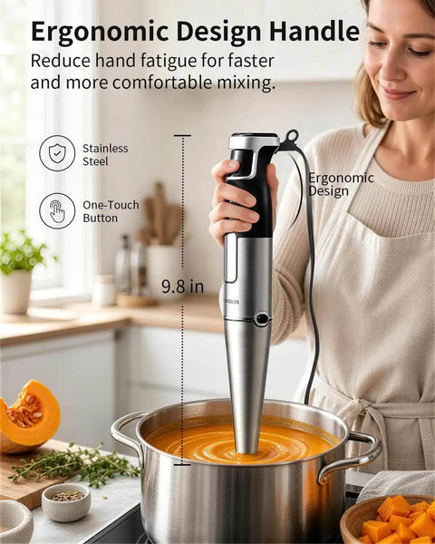 No Fuss Killer Handheld Immersion Blender With Pure Copper Motor And Variable Speed Controls Plus Chopper Whisk Frother Beaker Set in use with ergonomic handle.