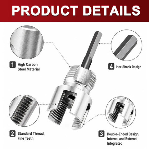 Adastone High Carbon Steel Pipe Threader Kit detailed view of high carbon steel tool with hex shank and standard threads.