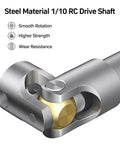 Close-up of Rugged 1/10 Scale RC Drive Shaft Upgrade Kit in silver, steel material with smooth rotation and wear resistance features.