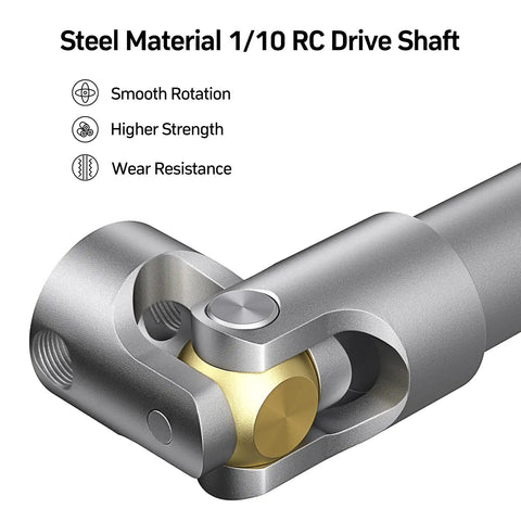 Close-up of Rugged 1/10 Scale RC Drive Shaft Upgrade Kit in silver, steel material with smooth rotation and wear resistance features.