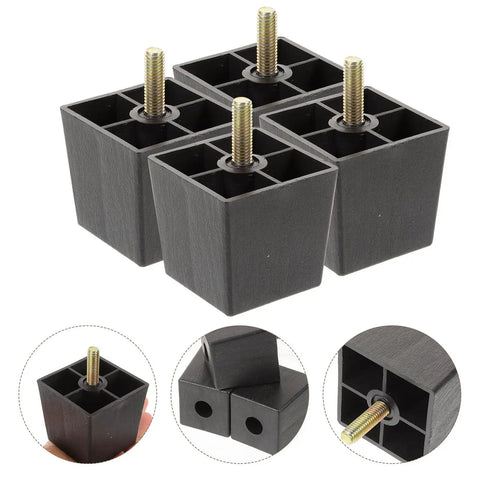 Four Pack Square Furniture Legs For Sofa And Cabinet, Black Metal And Plastic, Easy Install Replacement Feet, Multipurpose Home Office Furniture Supports To Lift, Stabilize, And Level Chairs, Tables, And Beds