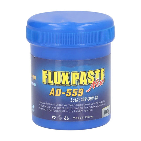 Eco Friendly Solder Paste Flux Cream For Electronics Repair 100g labeled AD-559 in blue container