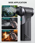 Beast 110000 RPM Cordless Air Duster With 3 Gear Turbo Power cleaning car mirror, PC keyboard, and outdoor with campfire.