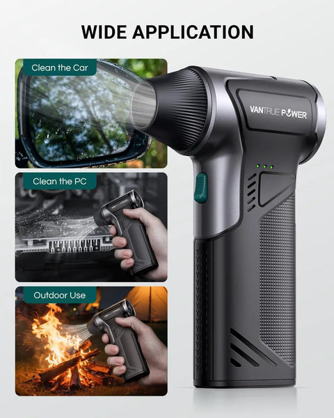 Beast 110000 RPM Cordless Air Duster With 3 Gear Turbo Power cleaning car mirror, PC keyboard, and outdoor with campfire.