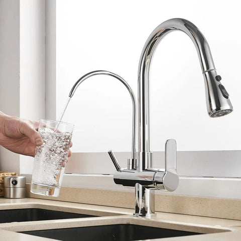 Two Handle Kitchen Sink Faucet With Pull Down Sprayer Hot And Cold Water Built In RO Filtration 3 In 1 Water Purifier Chrome Finish in use