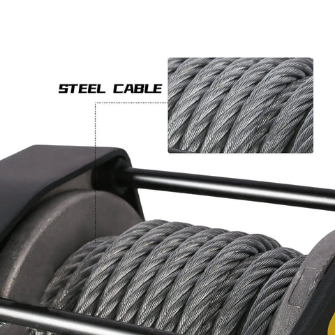 Close-up of steel cable on 12V 3000Lbs Steel Wire Winch For ATV UTV Off Road Towing With Mounting Bracket And Wireless Remote Waterproof