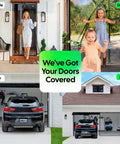 One Car Garage Screen Door With Magnetic Hands Free Closure, Fits Openings Up To Nine Feet Wide And Seven Feet Tall, Self Closing Bug Barrier, Kid And Pet Friendly, Lets Fresh Air In While Keeping Bugs Out displayed in various settings, including single and double garages, with cars and people using the screen doors.
