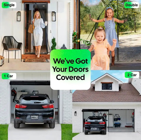 One Car Garage Screen Door With Magnetic Hands Free Closure, Fits Openings Up To Nine Feet Wide And Seven Feet Tall, Self Closing Bug Barrier, Kid And Pet Friendly, Lets Fresh Air In While Keeping Bugs Out displayed in various settings, including single and double garages, with cars and people using the screen doors.