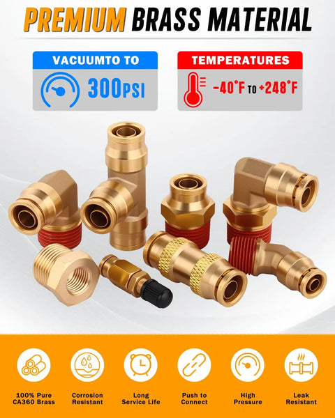 Kickstart Your Garage Projects With This Awesome 84 Pc Dot Brass Air Line Fittings Kit Featuring Push Connect And NPT Tees Unions Elbows For Quick Reliable Pneumatic Repairs brass fittings, CA360, 300 PSI