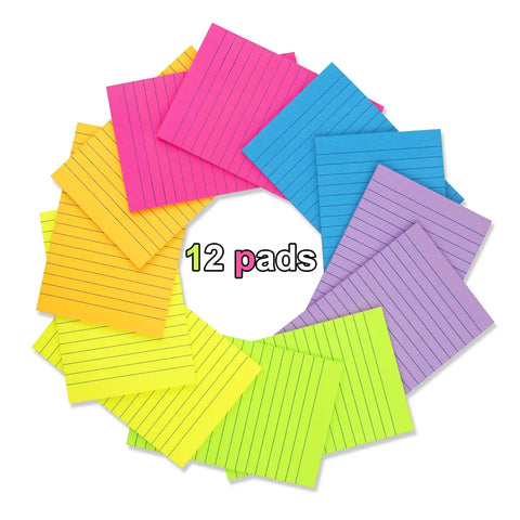 12 pads of Huge 4x6 Lined Sticky Notes in bright colors, showcasing their size and lined design for office and school use.