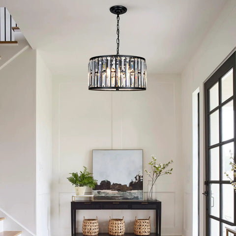 Crystal Drum Chandelier For Dining Room And Kitchen Island, Dope Modern 6-Light Ceiling Fixture in a living room setting