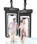 Keep It Dry No Stress Totally Waterproof Phone Pouch 2 Pack IPX8 Certified, shown with smartphones near water in seaside setting.