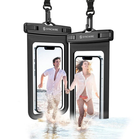 Keep It Dry No Stress Totally Waterproof Phone Pouch 2 Pack IPX8 Certified, shown with smartphones near water in seaside setting.