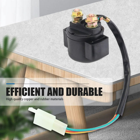Heavy Duty Motorcycle Starter Relay 12 Volt Four Stroke Dirt Bike Kart Scooter Replacement Built Rock Solid For Scorching Trails Reliable Current Switch With Durable Black Shell on a countertop.