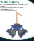 Heavy Duty Cast Iron Welding Angle Clamp Built Like A Tank With Rock Solid Self Centering 90 Degree Frame displayed with adjustable jaws.