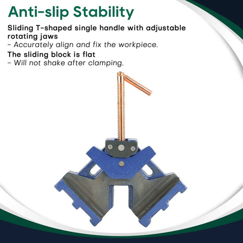 Heavy Duty Cast Iron Welding Angle Clamp Built Like A Tank With Rock Solid Self Centering 90 Degree Frame displayed with adjustable jaws.