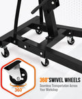 Close-up of 360° swivel wheels on Tough Folding Engine Hoist And Hydraulic Cherry Picker Shop Crane 4400 Pound Lifting Capacity.