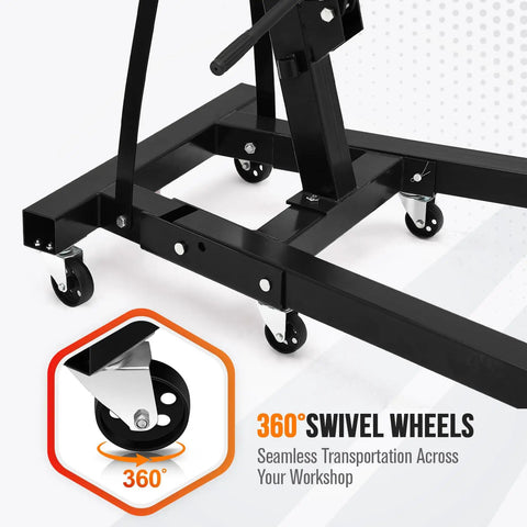 Close-up of 360° swivel wheels on Tough Folding Engine Hoist And Hydraulic Cherry Picker Shop Crane 4400 Pound Lifting Capacity.