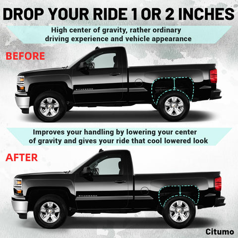 Beefed Up 2 Inch Rear Lowering Shackle For Silverado And Sierra 1999-2019 1500 And 1988-1999 C1500 C2500 K1500 K2500 Suburban Direct Replacement 410520 Durable Leaf Spring Lowering Shackles With 1 To 2 Inch Drop before and after lowering effect on truck