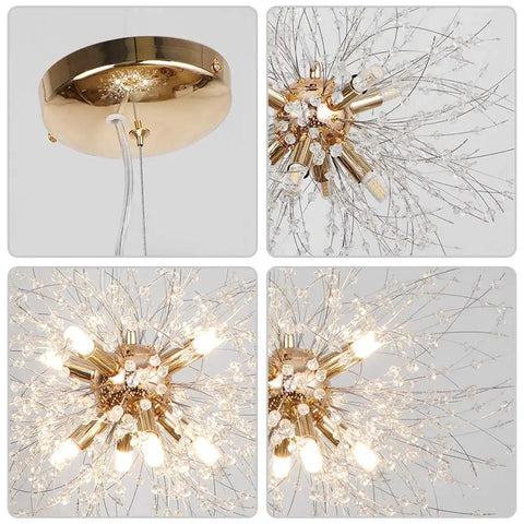 Eight Light Gold Crystal Firework Dandelion Chandelier With Modern Semi Flush Mount Ceiling Light Fixture details view