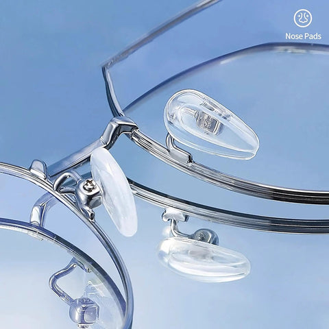 Gripping Silicone Air Bag Eyeglass Nose Pads Replacement Kit showcases clear silicone pads on metal frame glasses.