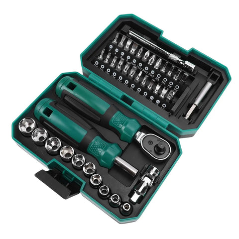 Knockout Metric Ratchet Wrench Set Featuring 10 Sockets Spanning 4 To 13 Millimeters with driver bits and extensions in case