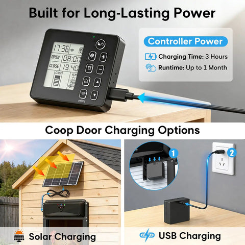 Charging options for Solar Powered Roll-Up Chicken Coop Door With Remote Display, including solar and USB charging methods.