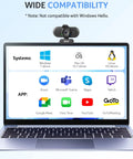 Hassle Free Plug And Play 1080P HD Webcam For Computers showing compatibility with systems and apps on a laptop screen.