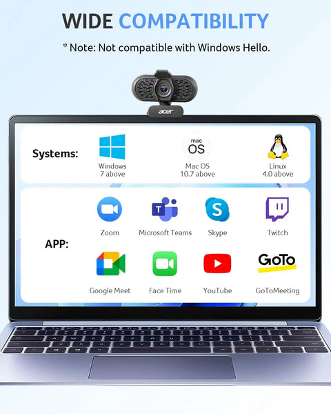 Hassle Free Plug And Play 1080P HD Webcam For Computers showing compatibility with systems and apps on a laptop screen.