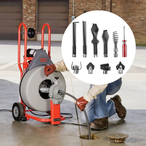 Heavy Duty Drain Snake Auger Drill Attachments 10 Pack with steel heads for Ridgid K400 C cleaner in use clearing clogs.