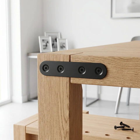 Built Tough Black Stainless Steel Mending Plates With Full Screw Kit installed on wooden furniture corner for reinforcement.