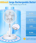 Foldable Portable Oscillating Fan With 8000mAh USB C Battery Quiet Remote Desk Fan 8.6 Inch on blue background showing airflow times