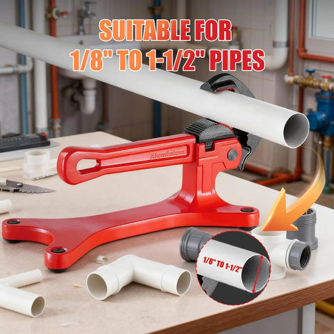 Front view of Alwalkee portable pipe vise, red aluminum body clamping a white PVC pipe (1/8"–1-1/2").