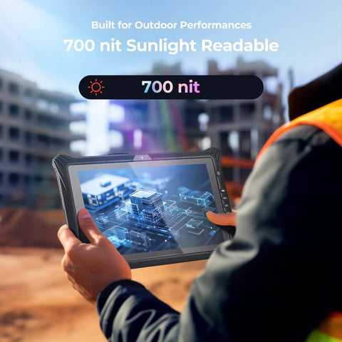 Built Tough Rugged Windows Tablet 10.1 Inch With Windows 11 Iot Enterprise Intel I5 And Wifi 6 16GB Ram 128GB Storage held outdoors with 700 nit display.