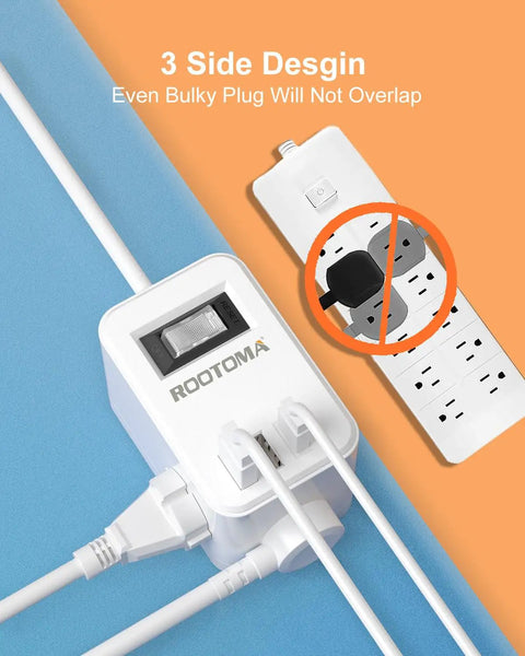 Flat Plug Power Strip With Six Foot Cord, Three Outlets And Three USB Ports Plus USB C, compact design, shown with cords connected