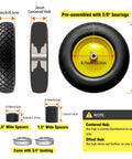 Diagram of flat free 4.80 4.00 8 inch wheel and tire for wheelbarrows and hand trucks with centered hub and bearings details.