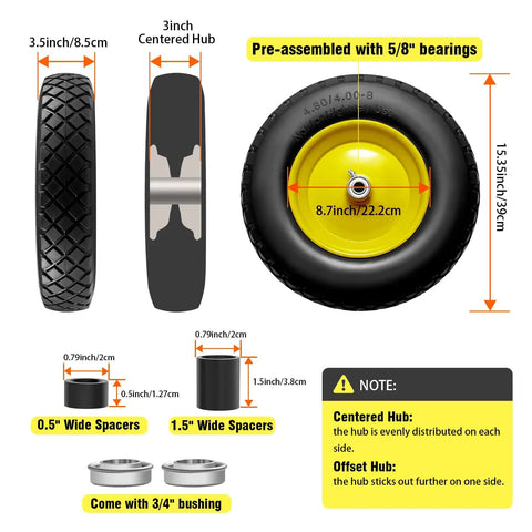 Diagram of flat free 4.80 4.00 8 inch wheel and tire for wheelbarrows and hand trucks with centered hub and bearings details.